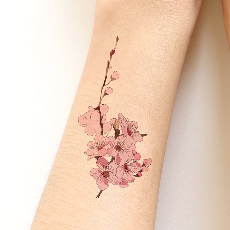 Sakura (Cherry blossom) sticker tattoo-Hand drawing style. - 纹身贴 - 纸 粉红色