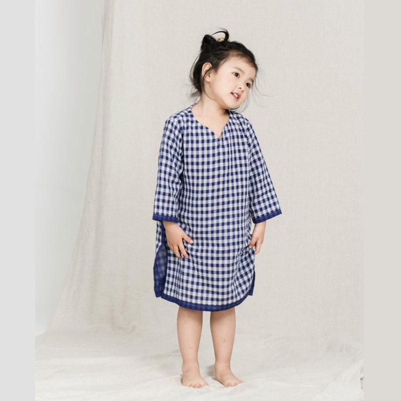 不點兒- 小童裝 藍色格子棉紗旗袍衫 中國風復古長上衣 TD161025 - 旗袍 - 棉．麻 蓝色