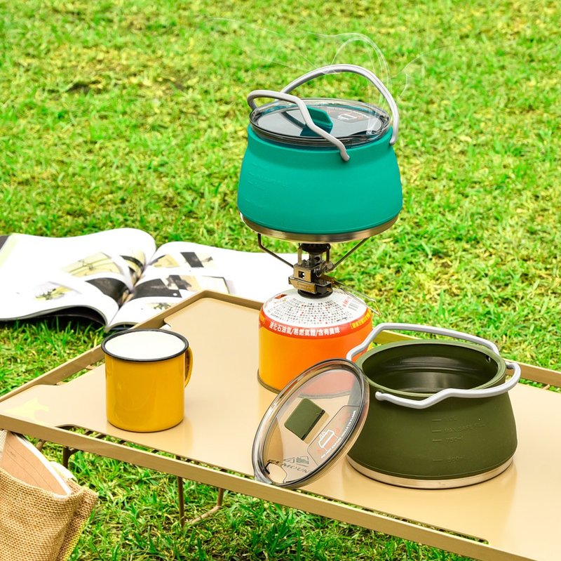 便携直火加热硅胶折叠锅/水壶 - 露营用品 - 不锈钢 蓝色
