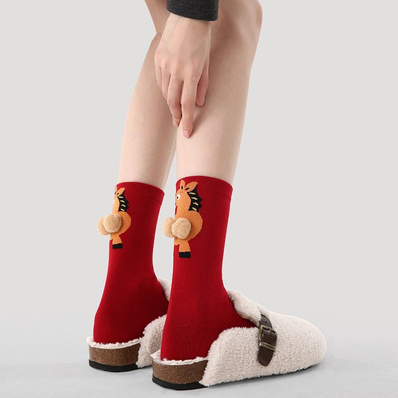 马年袜子 新年趣味大红袜 秋冬6双组合中筒袜 - 袜子 - 棉．麻 红色