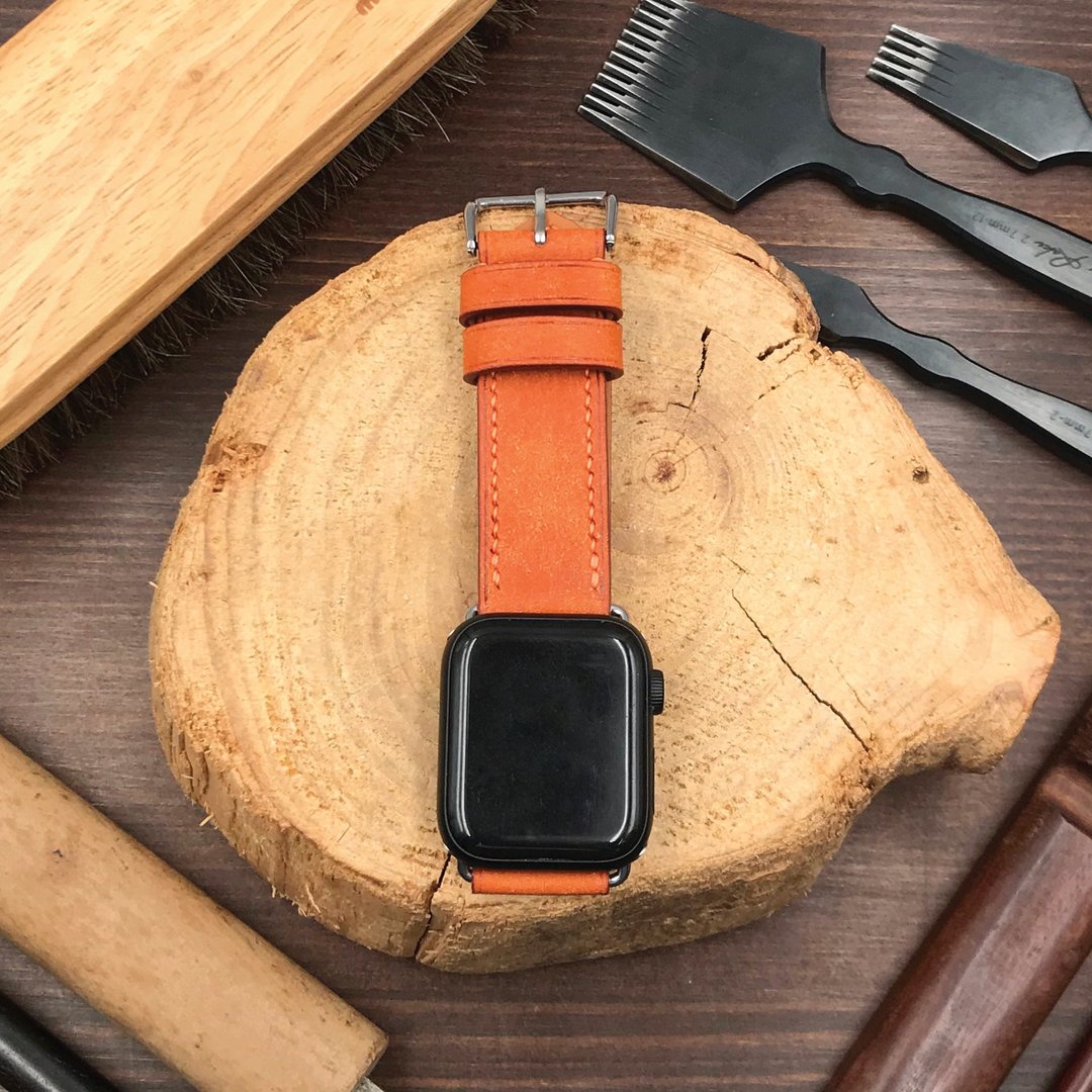 【AppleWatch表带】橙啡色磨砂牛皮/法国防汗皮/厚芯款/轻巧款 - 表带 - 真皮 橘色