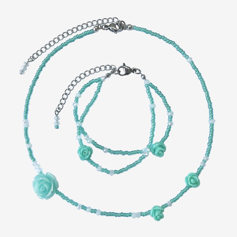 玫瑰缀饰薄荷绿串珠颈链 手链 生日礼物 - 项链 - 其他材质 绿色