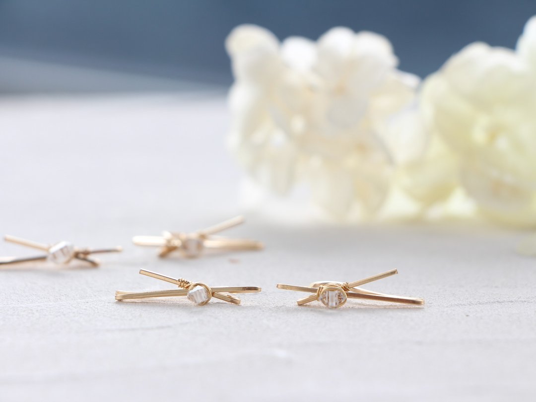 14kgf- W bar herkimer diamond pierced earrings&Clip-on(2 way) - 耳环/耳夹 - 宝石 金色