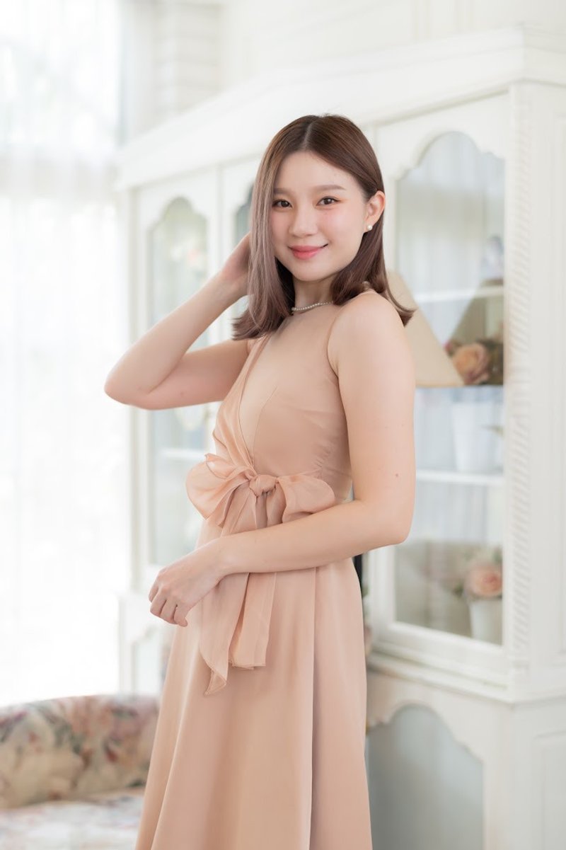 Kamila - 米色派对洋装 玻璃雪纺 浅棕色系派对洋装 beige party dress - 洋装/连衣裙 - 聚酯纤维 金色