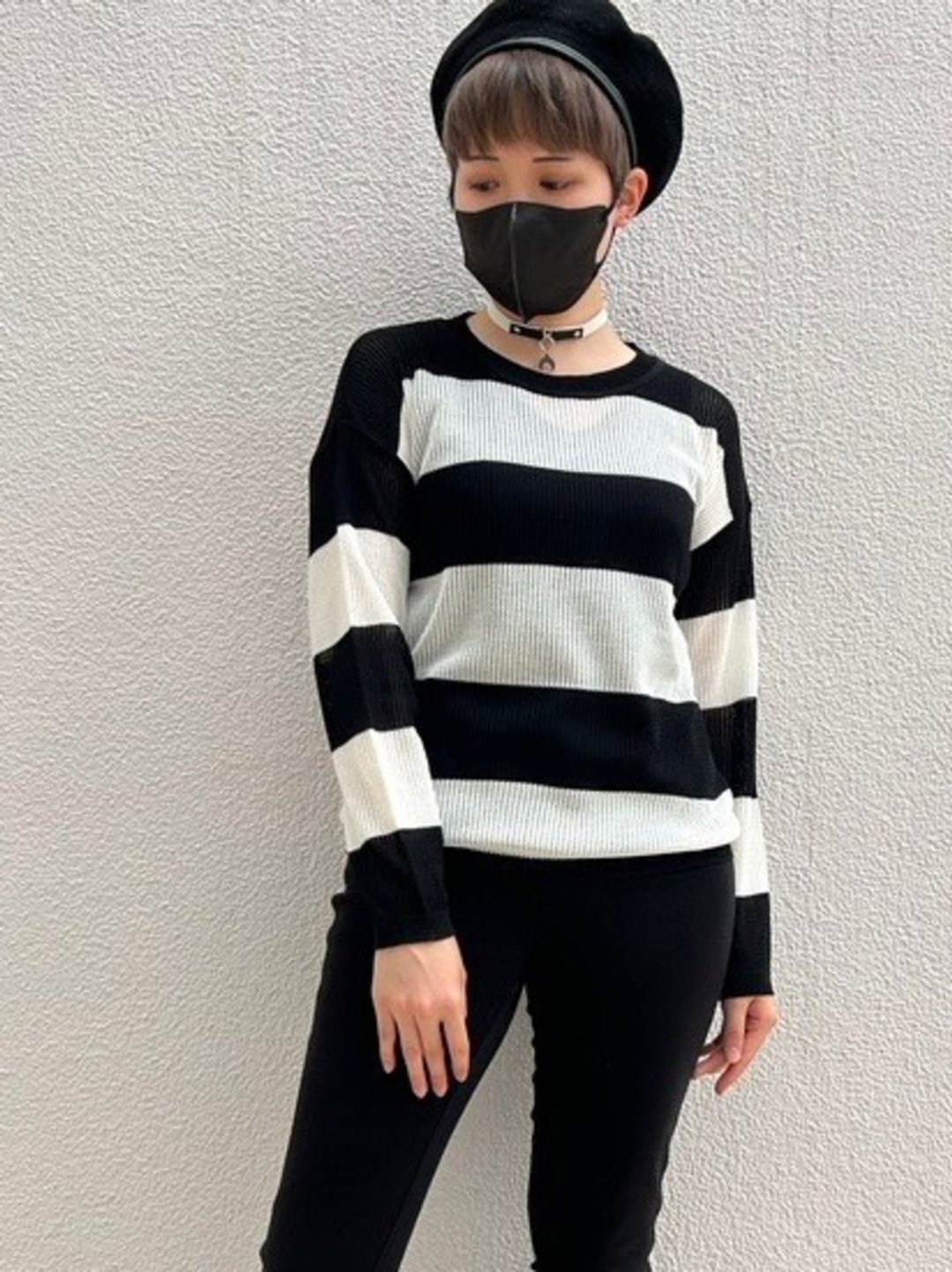 条纹网眼针织衫 / 黑色 / 白色 / F尺寸 / hellcatpunks / hcp-kn-0025 - 女装针织衫/毛衣 - 聚酯纤维 黑色