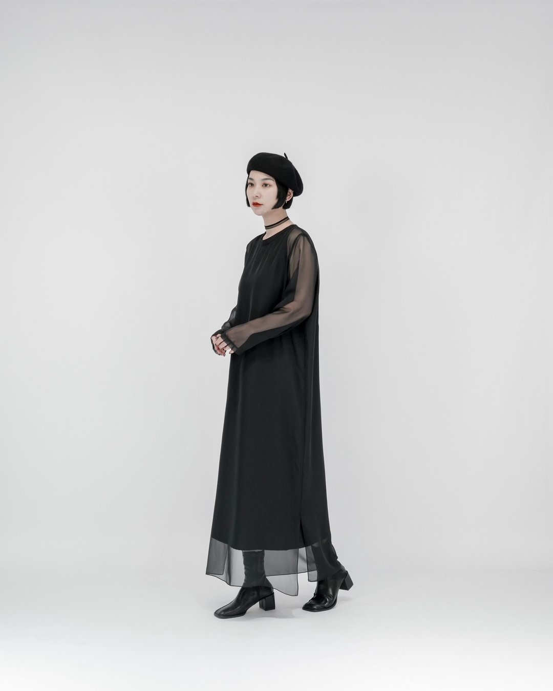 MUKK DESIGN 假两件透视雪纺洋装-长款 - 洋装/连衣裙 - 聚酯纤维 黑色