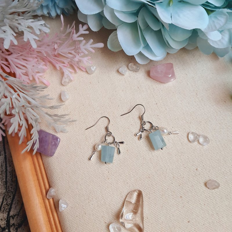 J024-天然石珠串耳环 海蓝宝+珍珠 - 耳环/耳夹 - 半宝石 蓝色