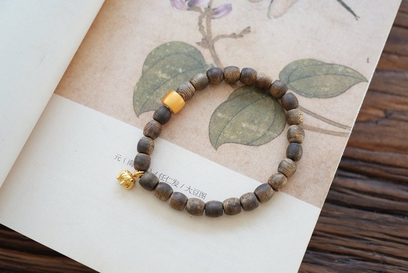 6mm天然沈香 沉香 花蜡古法银小象设计单圈手串手持fs - 手链/手环 - 木头 咖啡色