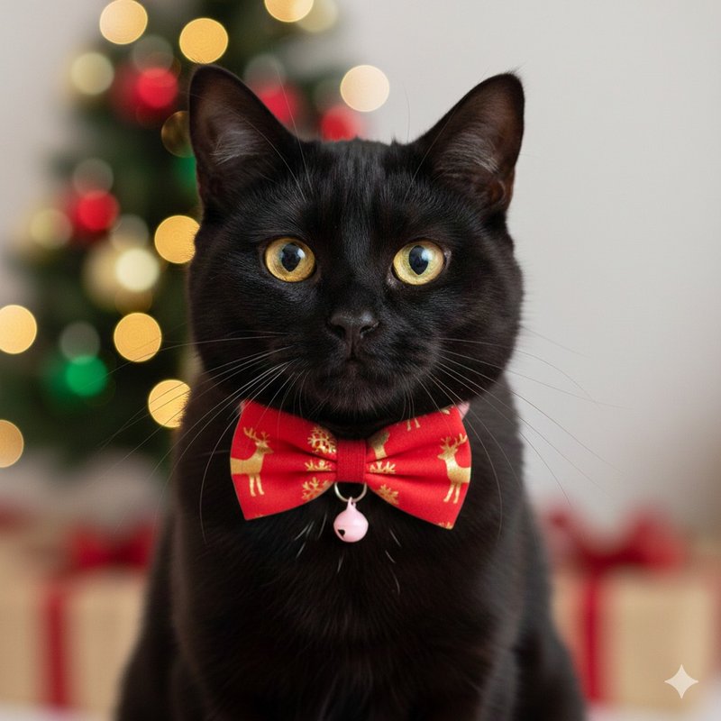 圣诞节经典款-红 猫咪 迷你犬 小型犬 蝴蝶结装饰项圈 - 项圈/牵绳 - 棉．麻 红色