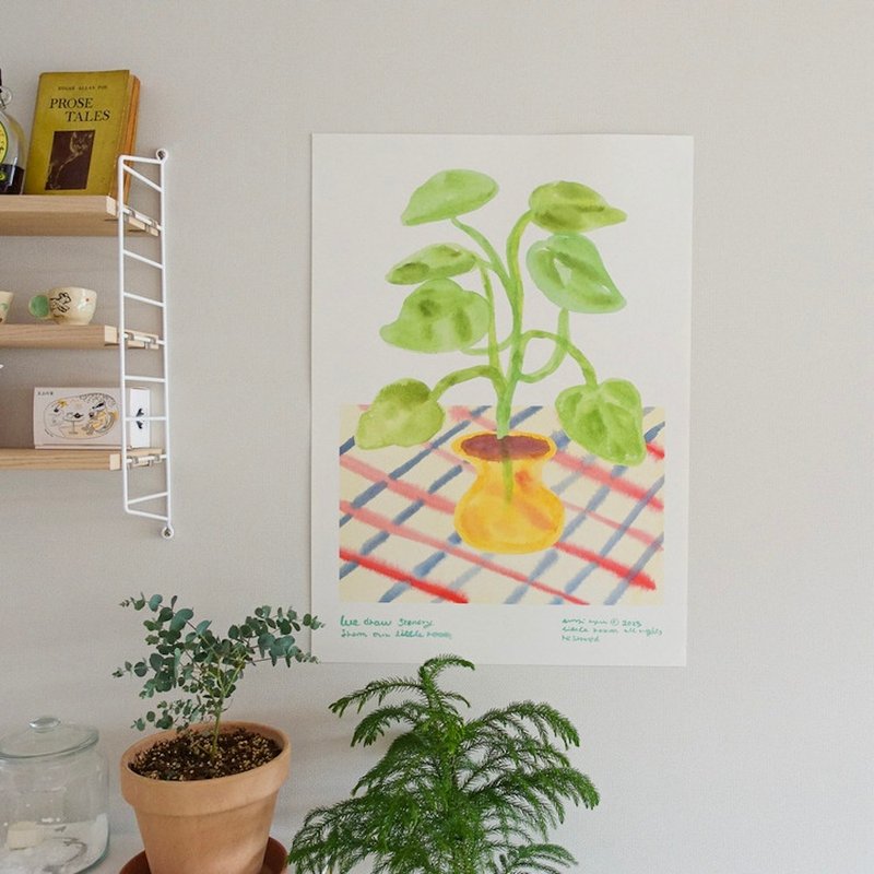 韩国插画品牌 little room - 黄色花盆的绿植 A3 尺寸海报 - 海报/装饰画/版画 - 纸 绿色