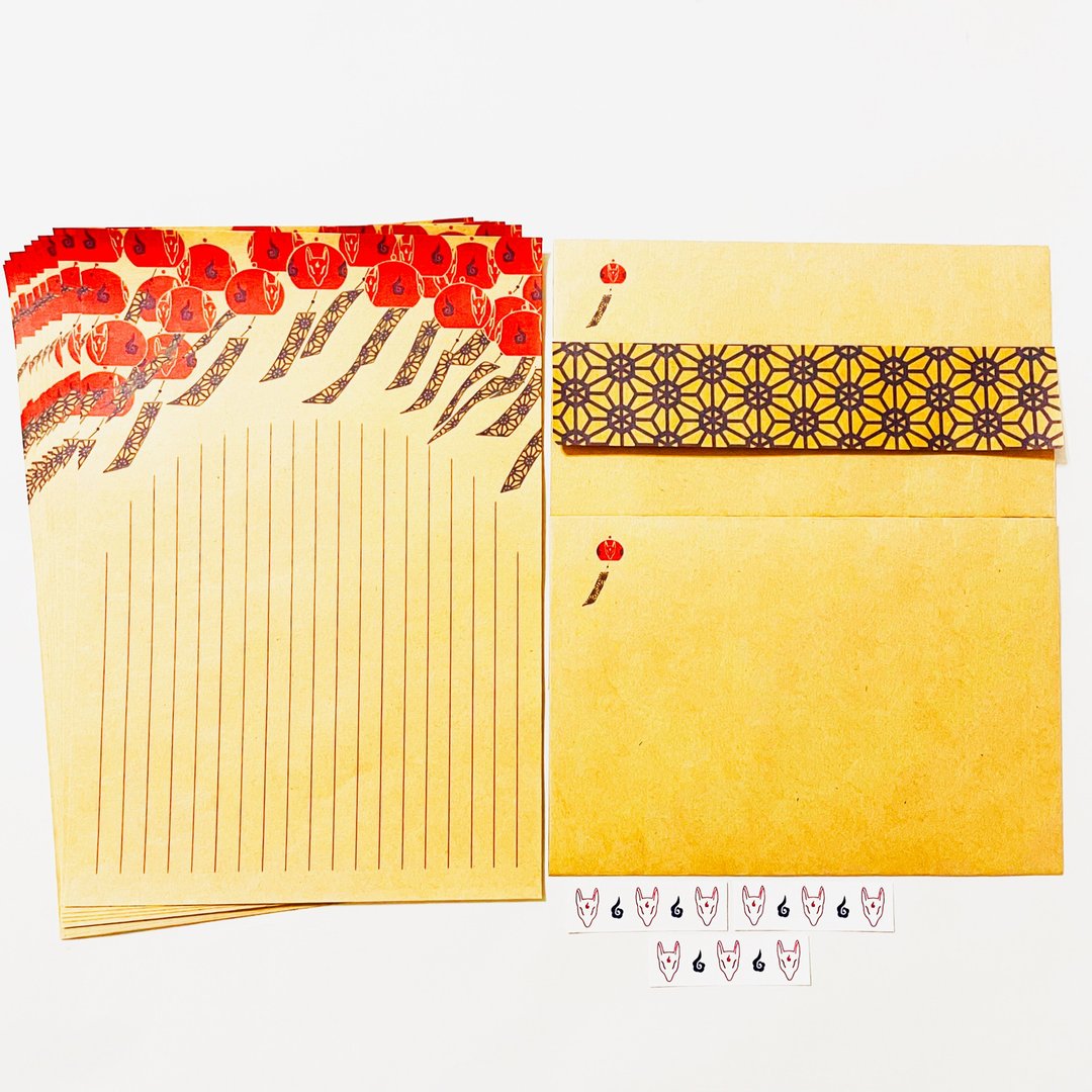 红风铃狐 信纸组 夏季 狛狐 狐狸嫁女 狐狸面具 狐狸 日本 和风 封筒 贴纸 便条纸 朱印 御守 - 信封/信纸 - 纸 红色