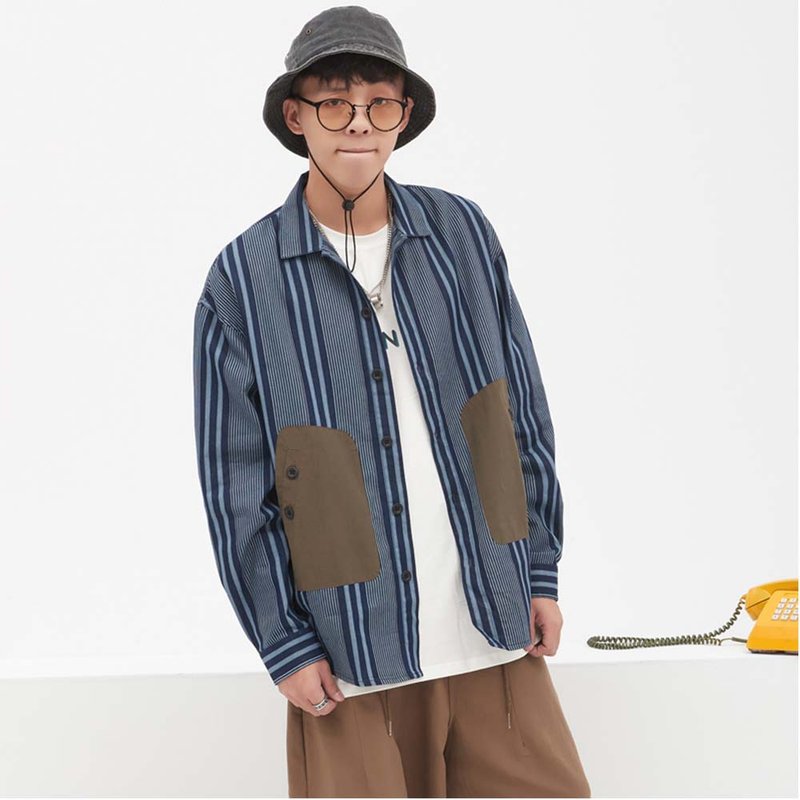 A日系条纹拼接口袋外套上衣纯棉休闲衬衫 - 男装衬衫 - 棉．麻 