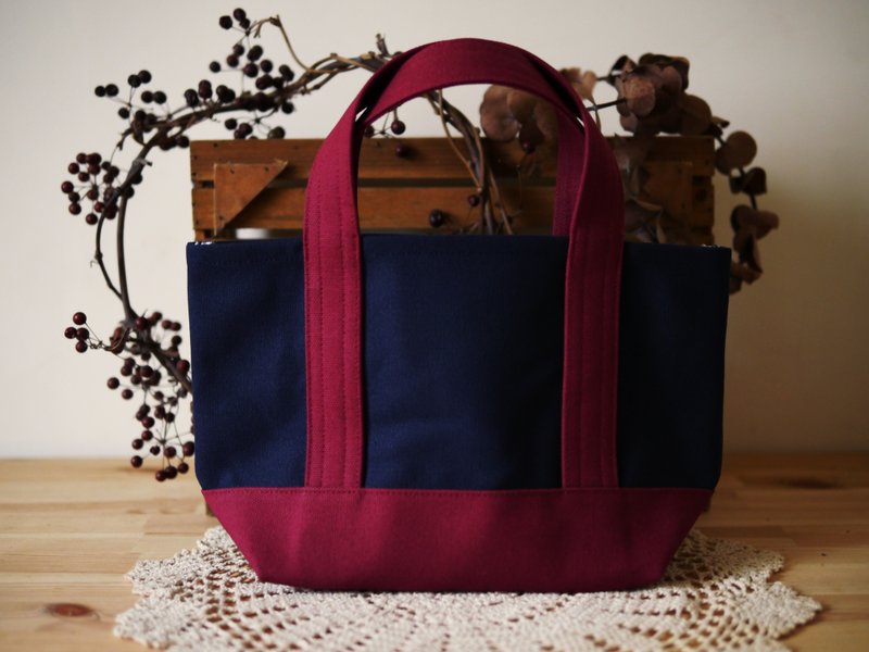 经典托特包 Ssize navy x wine -海军蓝x酒红- - 手提包/手提袋 - 棉．麻 蓝色