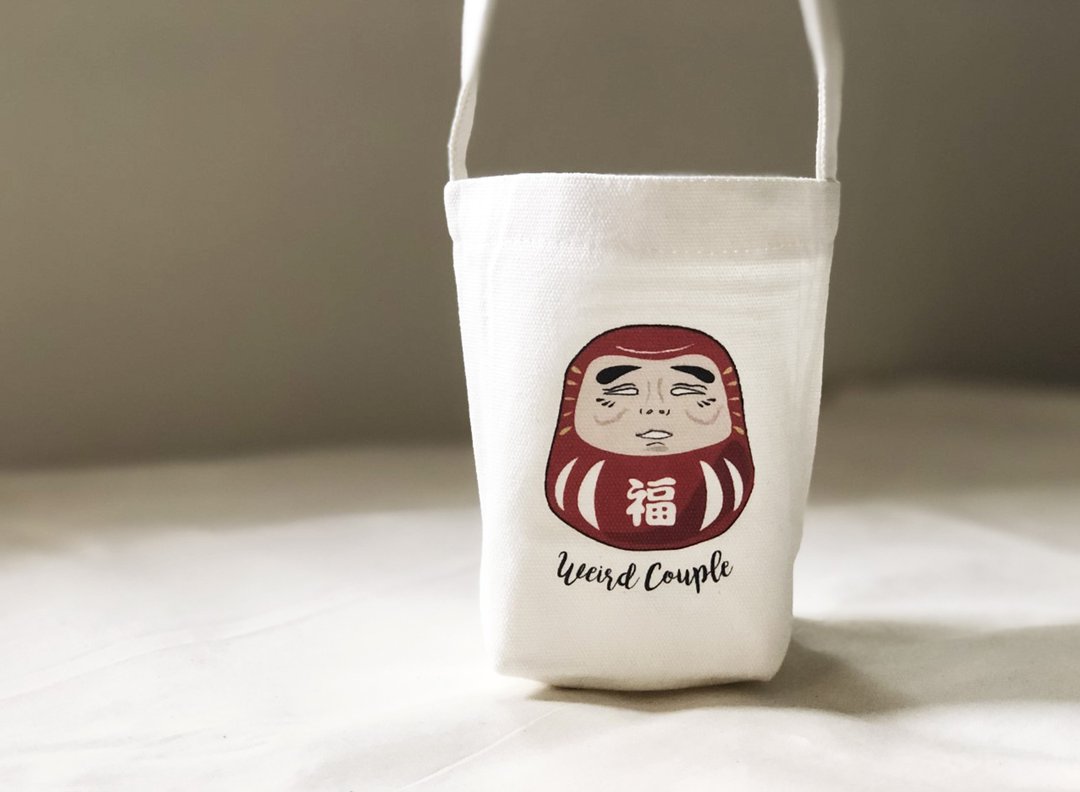 红色福气达摩图案 环保饮料提袋一个 - 随行杯提袋/水壶袋 - 棉 多色
