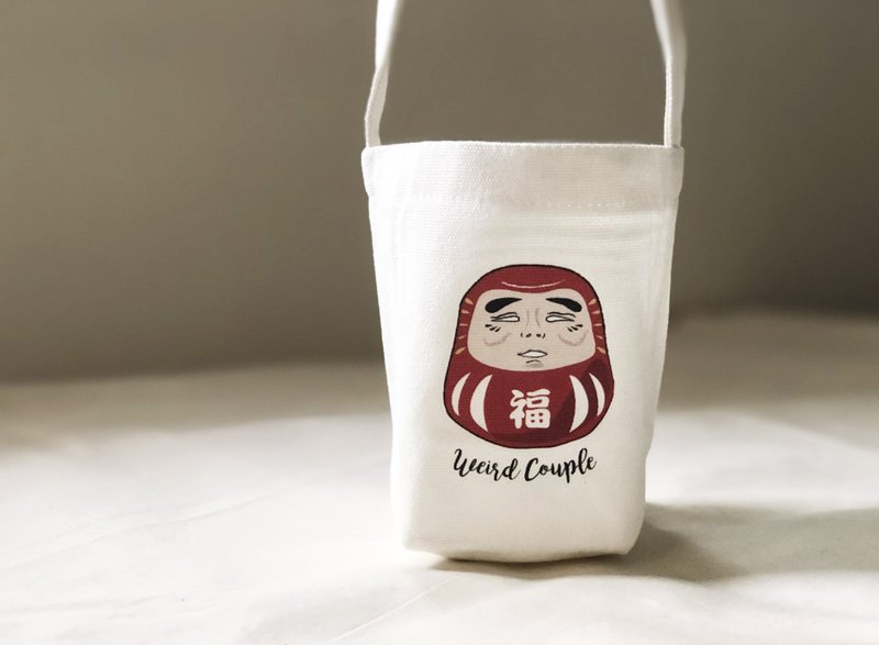 红色福气达摩图案 环保饮料提袋一个 - 随行杯提袋/水壶袋 - 棉．麻 多色