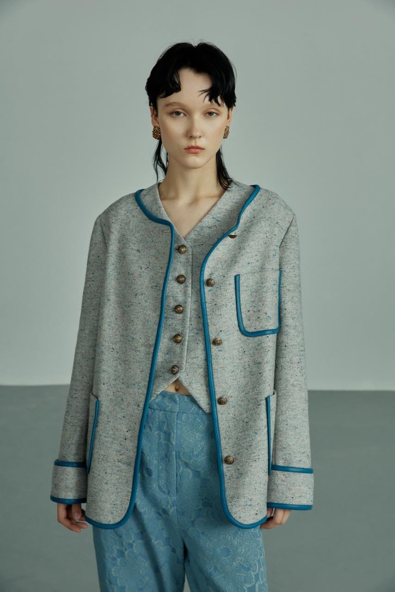 彩点羊毛混纺 无领西装外套 - 女装上衣 - 羊毛 