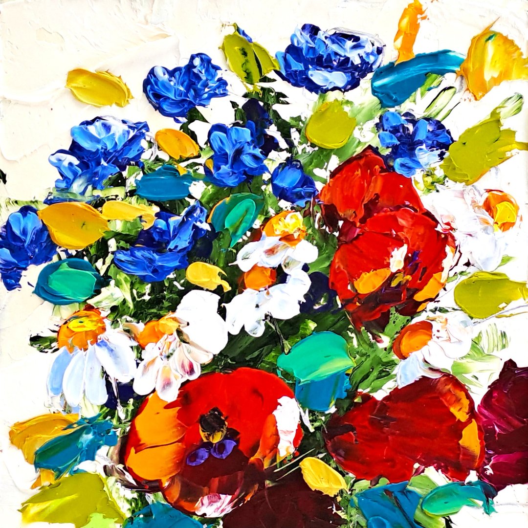 Cornflowers Painting Poppy Original Art Daisy Impasto Oil Painting Floral Art - 海报/装饰画/版画 - 其他材质 多色