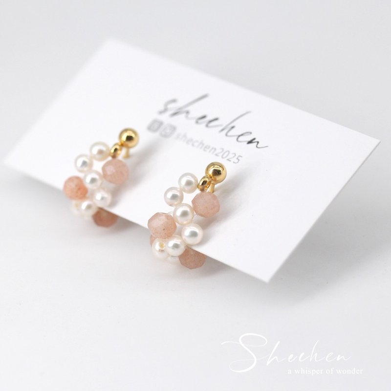 天然珍珠拉长石 橘色月光石 粉红碧玺编织耳圈 迷你珍珠编织 - 耳环/耳夹 - 珍珠 白色