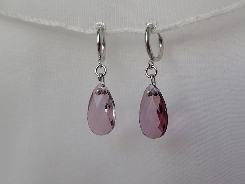 水滴, 施华洛世奇元素 & 耳夹 夹式 耳环 (一对) - 耳环/耳夹 - 玻璃 粉红色