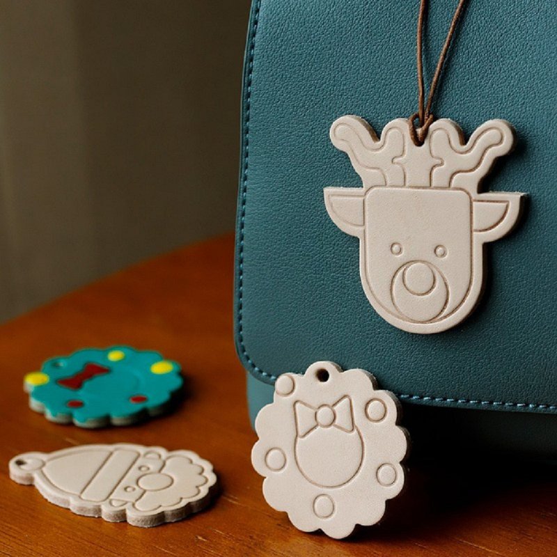 手工diy 圣诞系列钥匙扣 包包挂饰 汽车挂饰 一路平安 真皮植鞣革 - 钥匙链/钥匙包 - 真皮 