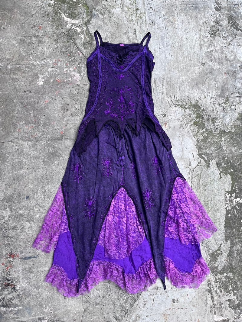 喜迎瑶 尼泊尔 植物染 刺绣背心 蕾丝拼接裙 长裙 民族风 嬉皮 - 裙子 - 棉．麻 紫色