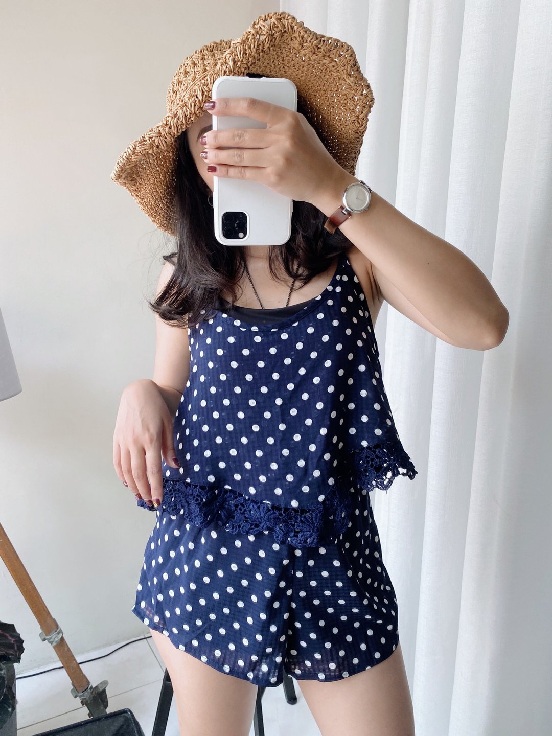 仲夏凉爽春夏水玉蕾丝优雅碎点 古董纺纱连身吊带短裤 overalls - 背带裤/连体裤 - 聚酯纤维 蓝色