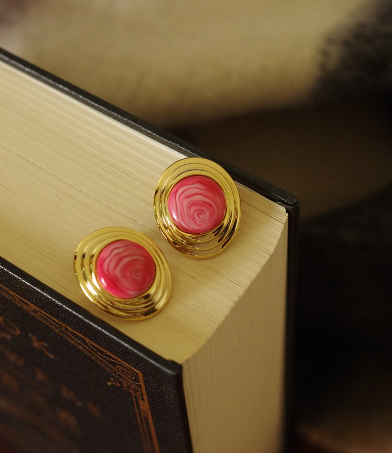 -古董Vintage法国巴黎Orena金色粉红油画椭圆夹式耳环C591 - 耳环/耳夹 - 其他金属 金色