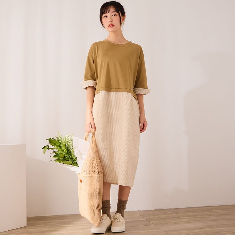 异素材拼接假两件舒适洋装-共2色 - 居家服/睡衣 - 棉．麻 多色