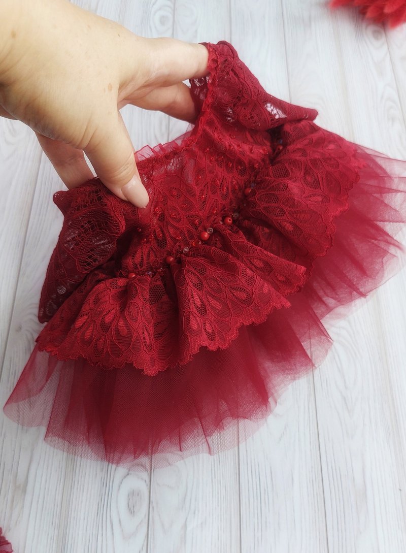 圣诞洋装 手工蕾丝 新生儿摄影洋装套组 (含绒布内裤) - 满月礼盒 - 其他材质 红色