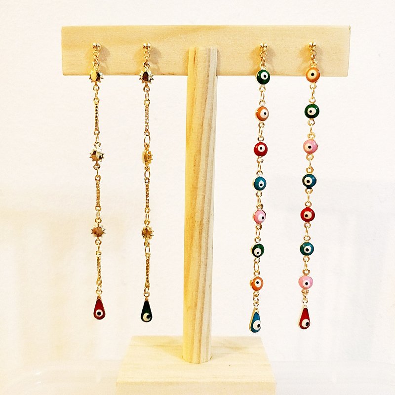 ::希望与祝福系列:: 蓝眼睛 恶魔之眼 不对称长耳环耳钉 - 耳环/耳夹 - 其他金属 金色