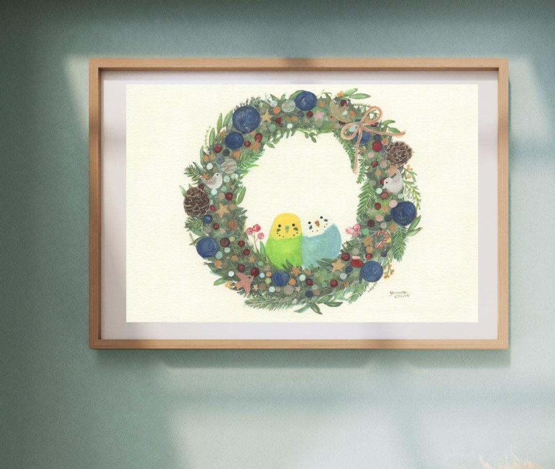 A4长尾小鹦鹉圣诞花圈 - 海报/装饰画/版画 - 纸 绿色