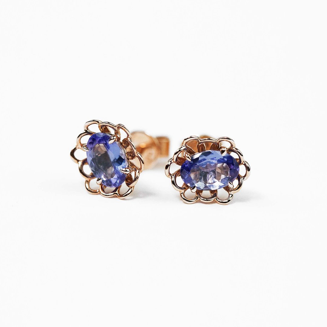 【PurpleMay Jewellery】纯18K黄金镶嵌坦桑石复古花卉耳钉- E061 - 耳环/耳夹 - 宝石 蓝色