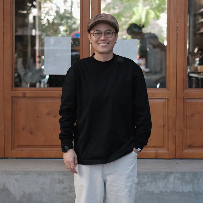 THREADESIGN重磅纯棉305g纯色宽松口袋圆领休闲长袖T恤 - 男装上衣/T 恤 - 棉．麻 黑色