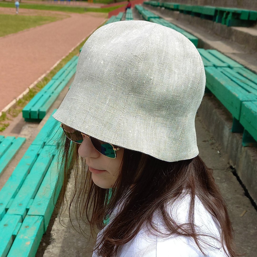 Linen hat bell sun protection. Beige panama hat tulip. Summer linen bucket hat. - 帽子 - 亚麻 灰色