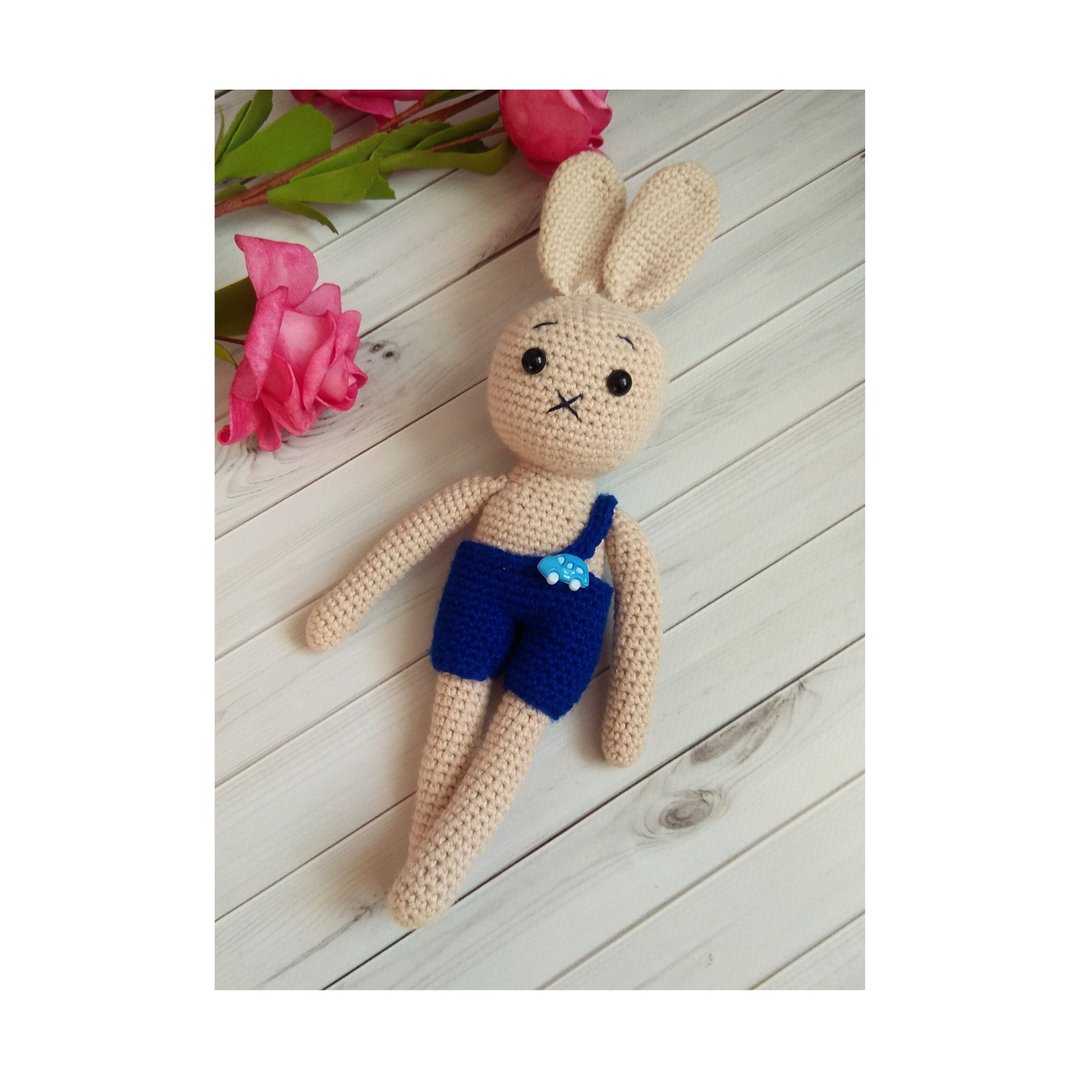 Crochet hare in shorts, Stuffed toy hare, soft toy bunny - 玩具/玩偶 - 棉 多色