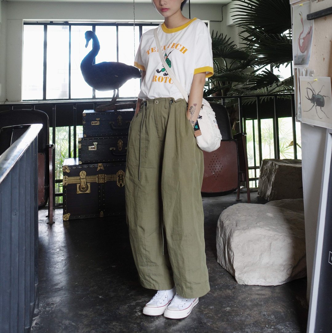 酷士多自家制 日系工装阔腿裤灯笼裤 中性风 军绿色 腰围可调节 - 女装长裤 - 其他材质 绿色