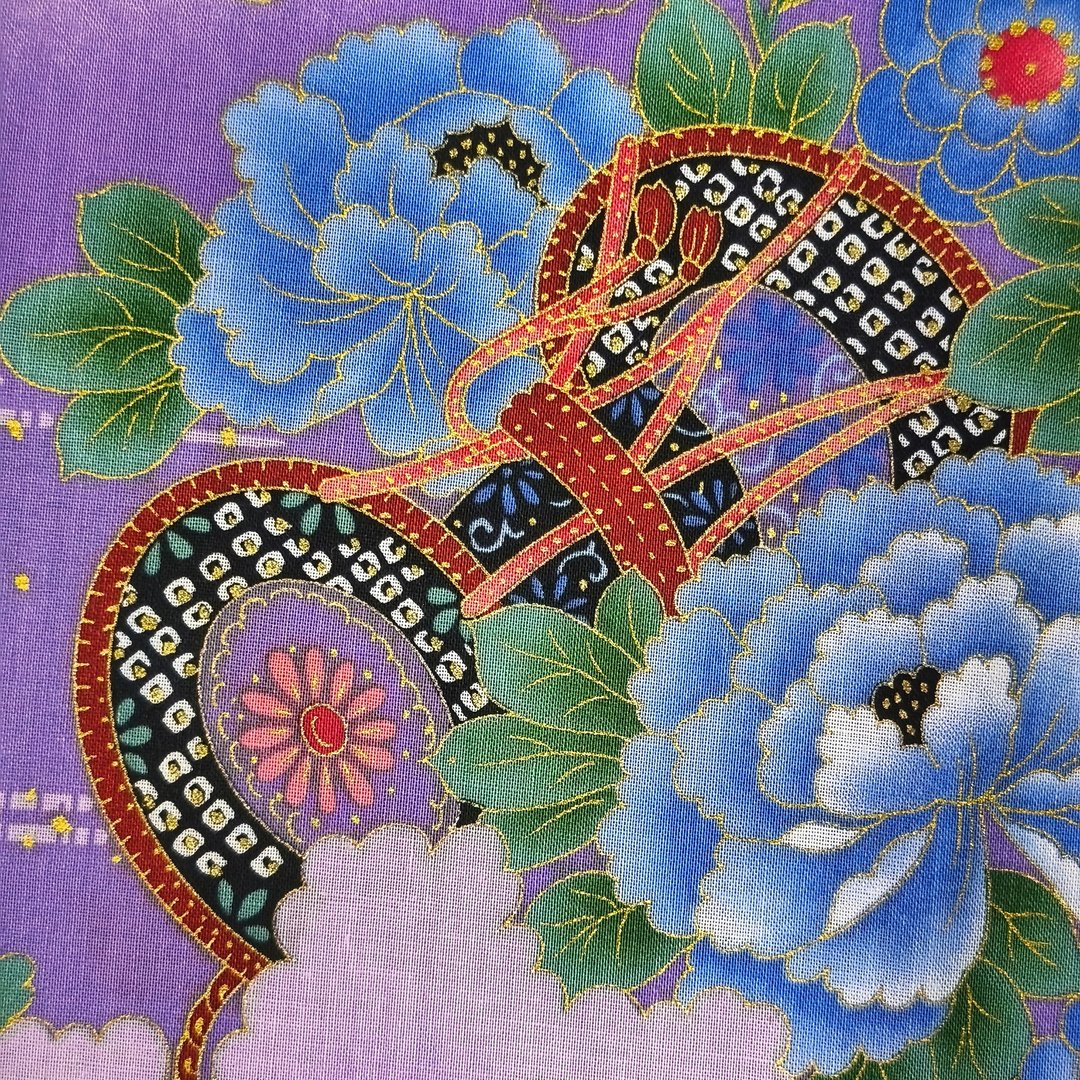 复古日本手帕 – 花卉与鼓图案 19 x 19 英寸 - 手帕/方巾 - 棉 蓝色