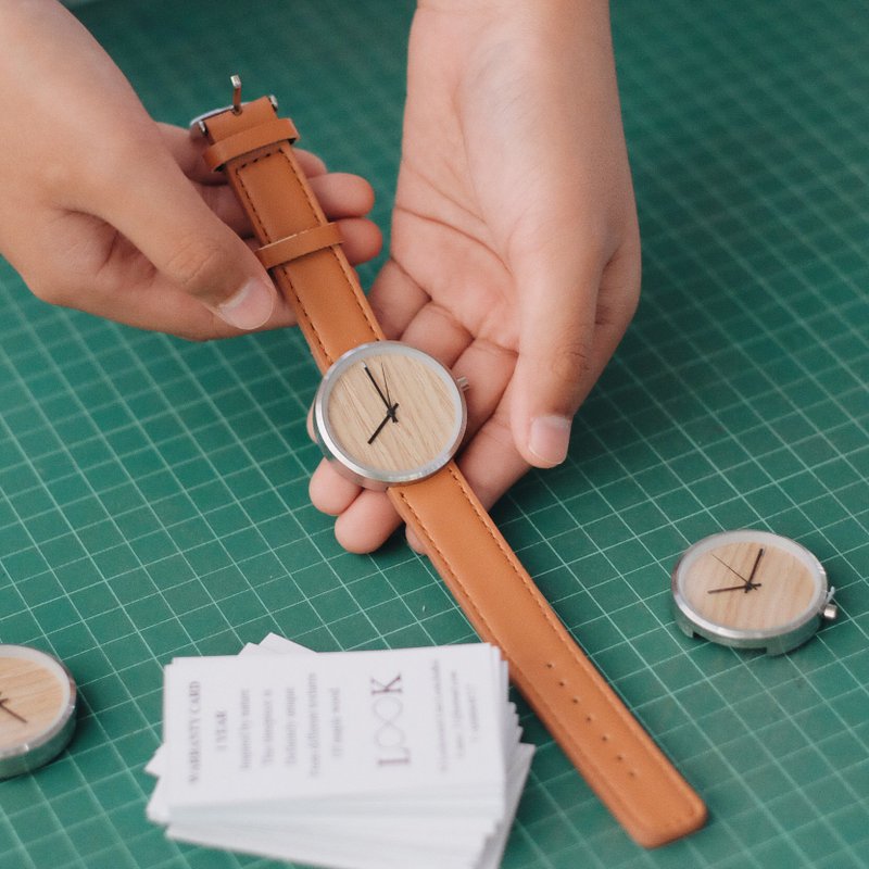 手工枫木手表 - 银色不锈钢表壳/焦糖色皮革 - 女表 - 木头 橘色