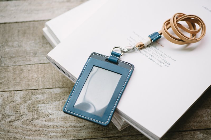 义大利Buttero手缝直式证件套-蓝黑色限定(含背带) - 证件套/卡套 - 真皮 蓝色