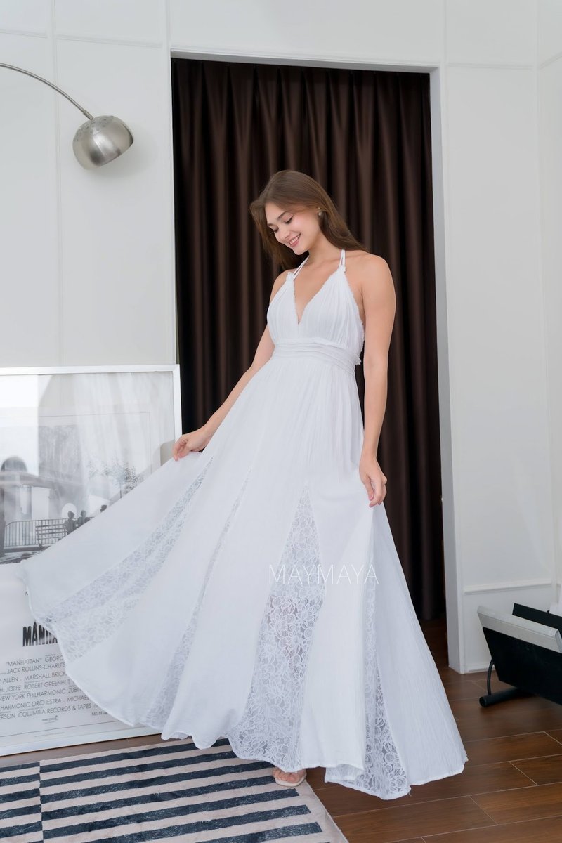 白色细肩带露背长洋装，露背海滩婚礼洋装，白色蕾丝洋装 - 洋装/连衣裙 - 棉．麻 白色