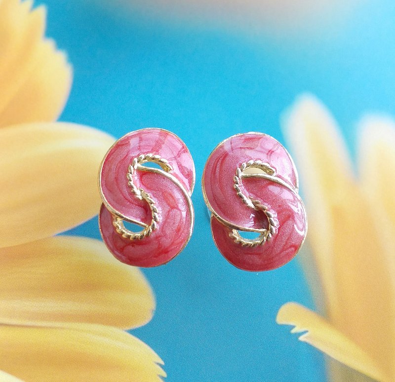 Vintage Jewelry 西洋古董饰品 复古 简约 绳结粉珐琅  针式耳环 - 耳环/耳夹 - 其他金属 透明