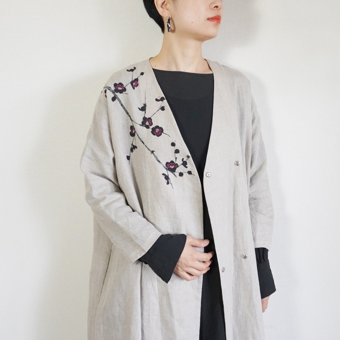 Linen/ Haori Beige Ink Plum - 洋装/连衣裙 - 棉 卡其色