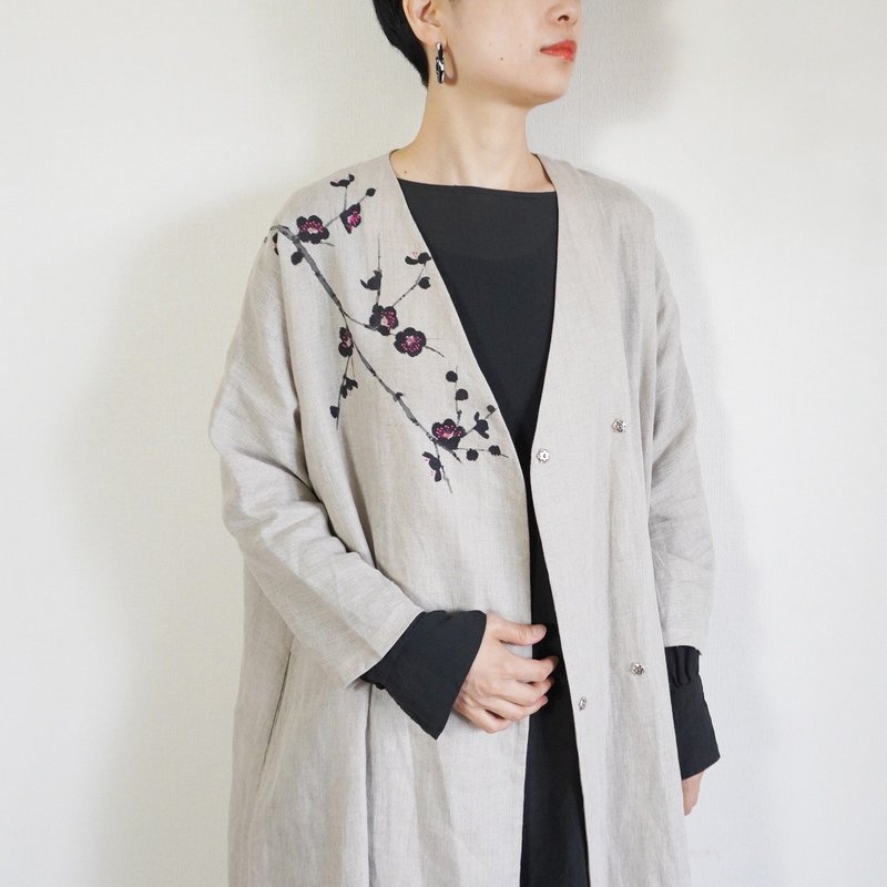 Linen/ Haori Beige Ink Plum - 洋装/连衣裙 - 棉．麻 卡其色