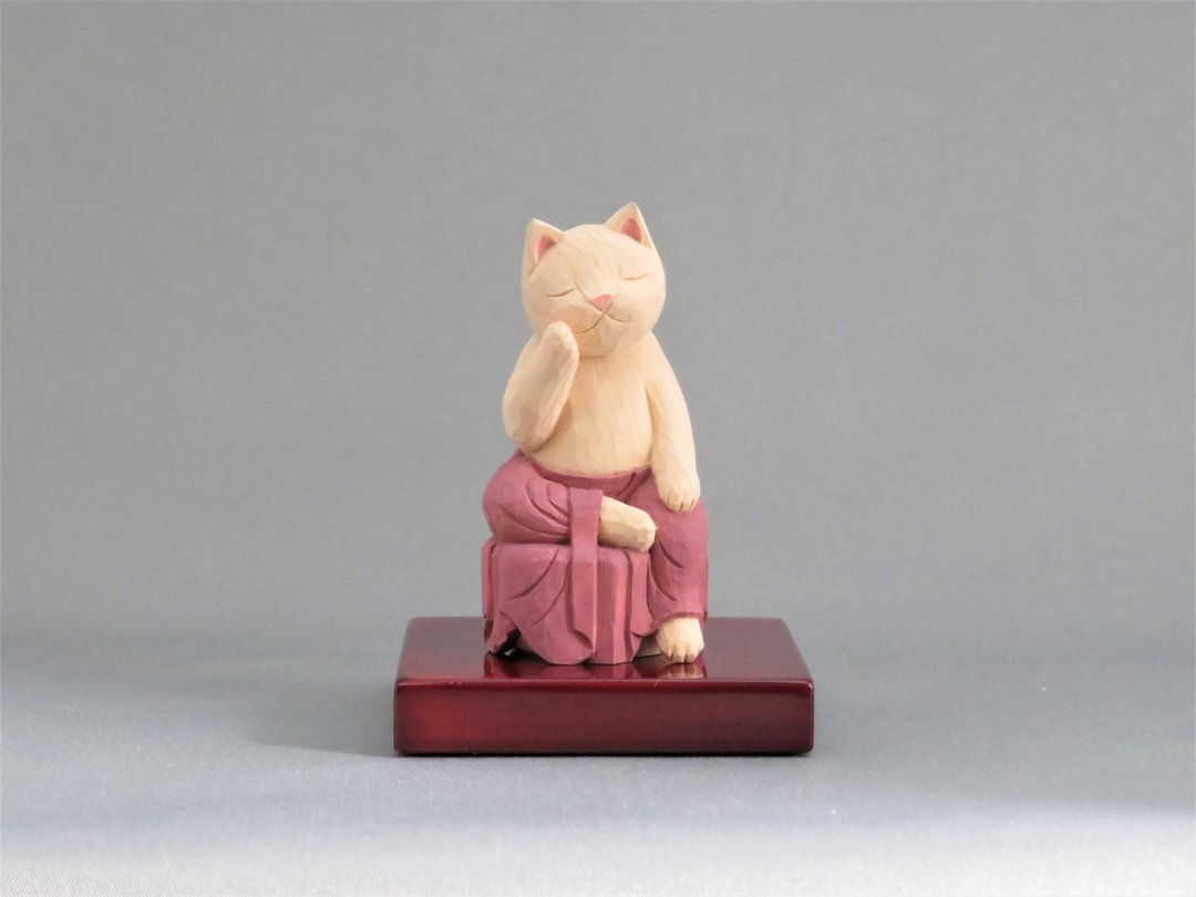 Wood carving Cat Buddha 1929 - 玩偶/公仔 - 木头 红色