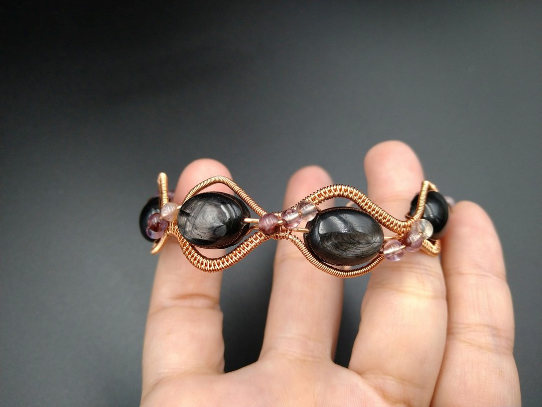 **金运石**手链 手镯 艺术铜线 金属编织 水晶原矿手作设计 - 手链/手环 - 玉石 黑色