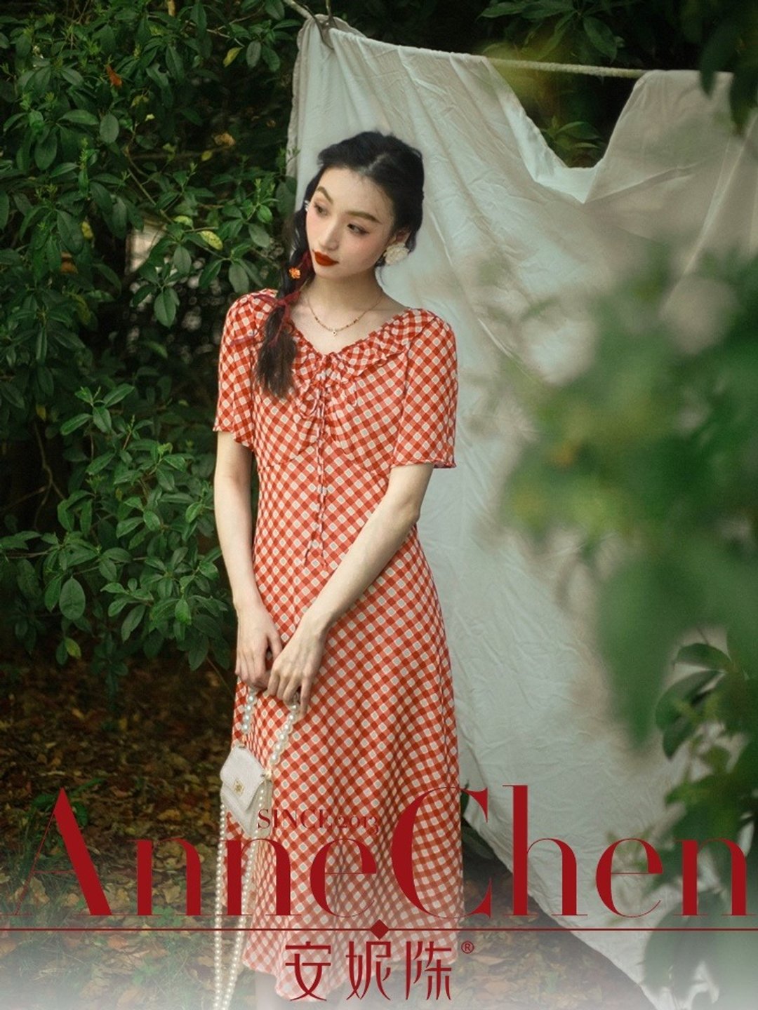 安妮陈法式复古撞色 V领格纹洋装 女夏新款显瘦 气质高级感收腰裙 - 洋装/连衣裙 - 其他材质 