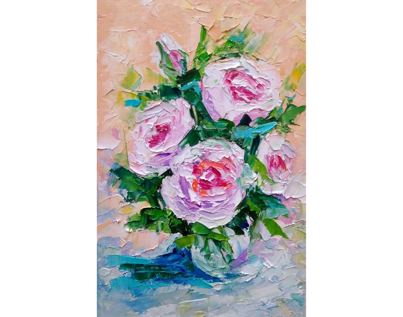Peonies Bouquet Original Painting, Pink Flower Artwork, Small Floral Wall Art - 海报/装饰画/版画 - 其他材质 多色