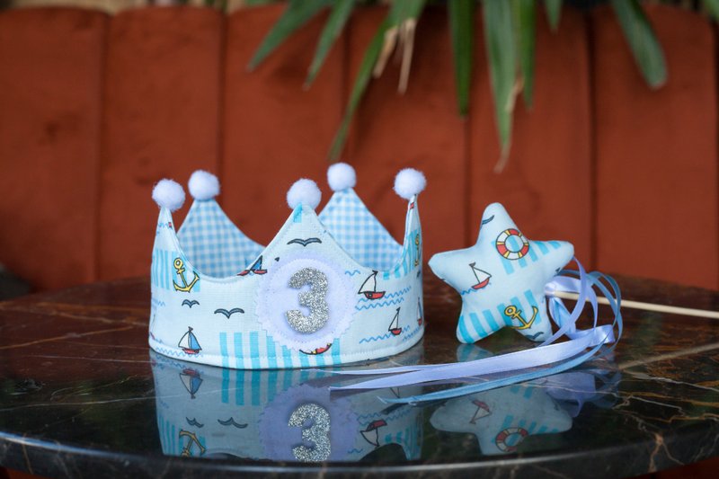 Blue Kids Birthday Crown & Fairy Wand - 帽子 - 棉．麻 蓝色
