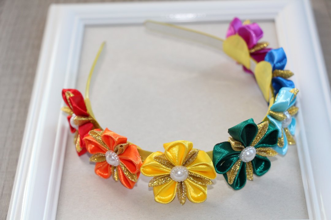 Hair band rainbow Wedding accessories Kanzashi flower headband Colorful crown - 发饰 - 其他材质 多色
