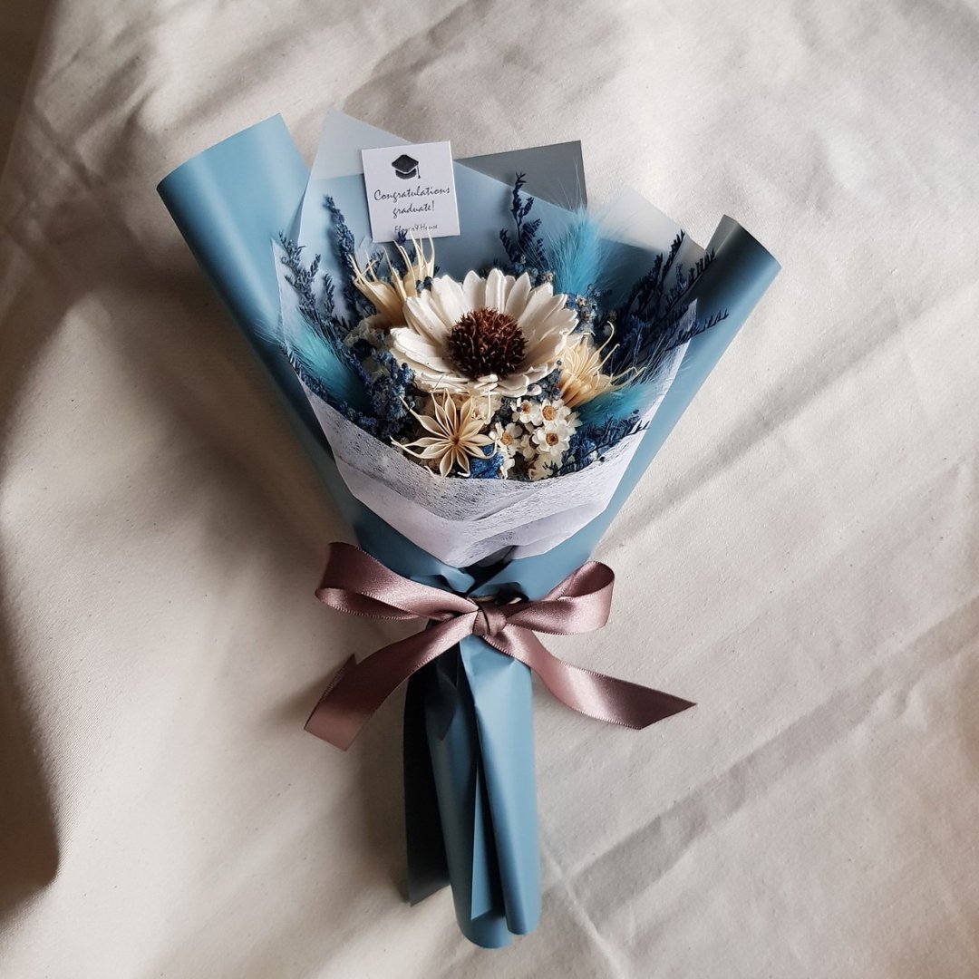 干燥花蓪草向日葵花束|毕业 祝贺 生日 庆祝 学士帽 |S|粉蓝黄紫 - 干燥花/捧花 - 植物．花 多色